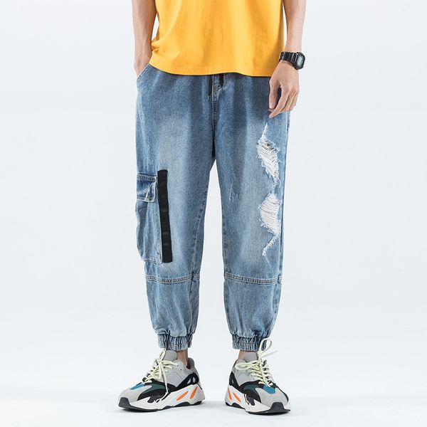 

jeans homme grande taille broken hole loose big size men casual beamed nine pants light harem pants baggy jeans men plus size, Blue