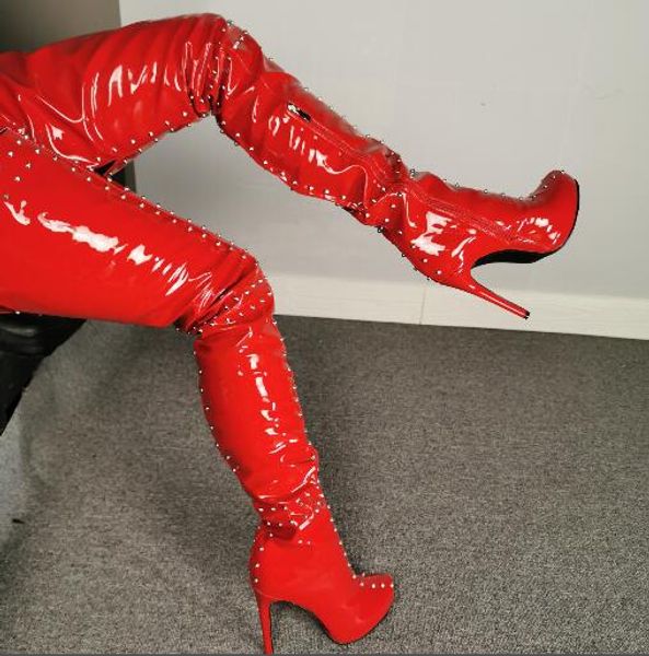 fashion rivets studded women over the knee long boots patent leather thin heels platform thigh high boots lady real p shoes, Black
fashion rivets studded women over the knee long boots patent leather thin heels platform thigh high boots lady real p shoes, Black