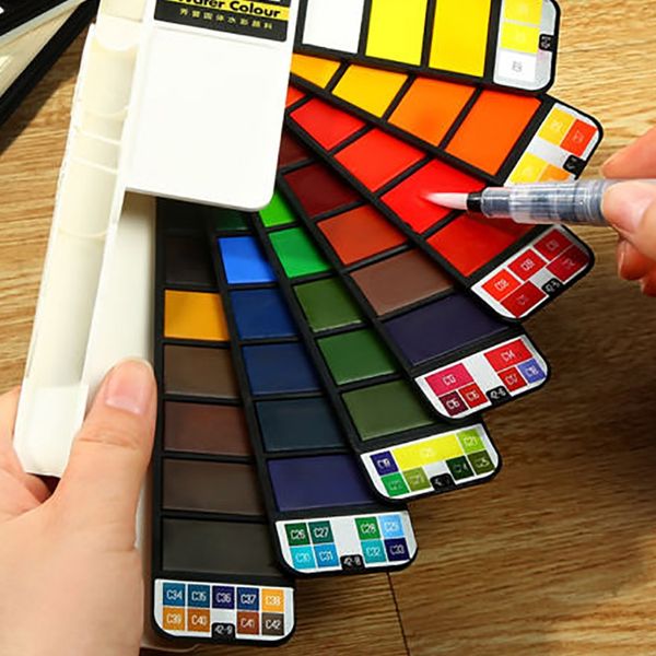 dropshipping superior 18/25/33/42colors solid watercolor paint set with water brush pen portable water color pigment for drawing other hand 
dropshipping superior 18/25/33/42colors solid watercolor paint set with water brush pen portable water color pigment for drawing other hand