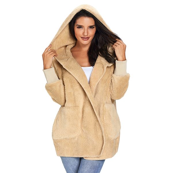 women autumn winter casual warm jacket khaki soft fleece hooded open front coat pockets solid outerwear female plush overcoat, Black
women autumn winter casual warm jacket khaki soft fleece hooded open front coat pockets solid outerwear female plush overcoat, Black