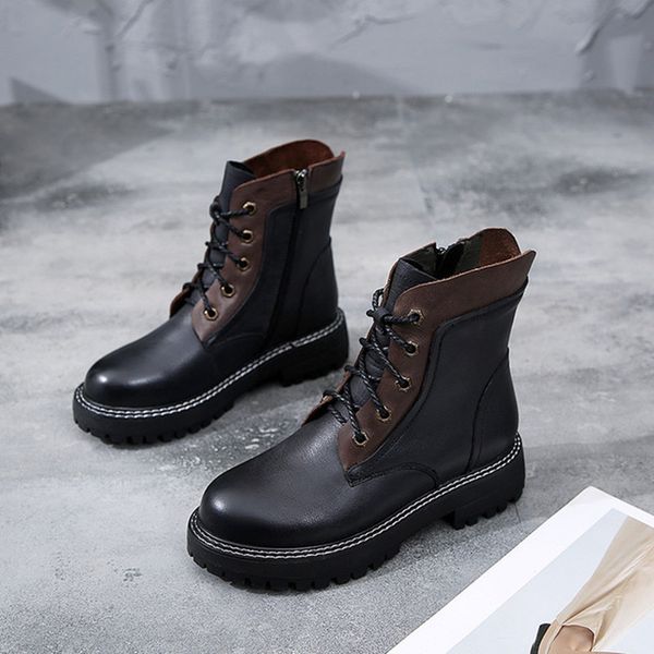 women's boots 2019 winter new side zipper women leather boots british style plus velvet warm short high-retro booties, Black 
women's boots 2019 winter new side zipper women leather boots british style plus velvet warm short high-retro booties, Black