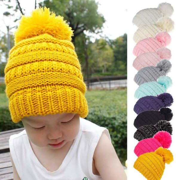 

kids winter beanie hats children knitting crochet pompom hat knitted fur ball caps fashion outdoor warm cap 11colors gga2626, Yellow