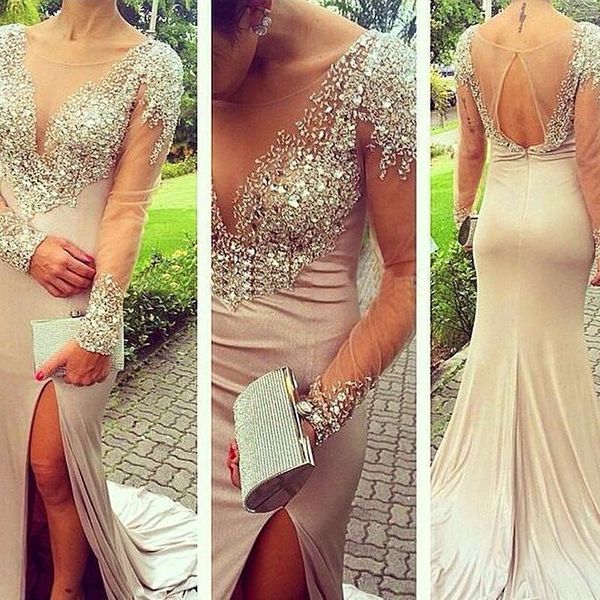 sheer scoop neck mermaid split slit nude prom dress see through celebrity party gown long sleeves evening dresses, Black;red
sheer scoop neck mermaid split slit nude prom dress see through celebrity party gown long sleeves evening dresses, Black;red