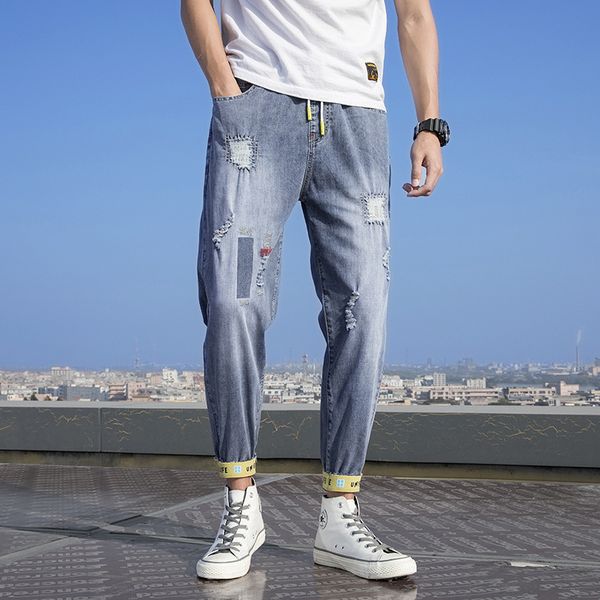 summer new men nine points stretch jeans cultivate morality harlan beam foot trousers ripped jeans men loose thin model, Blue
summer new men nine points stretch jeans cultivate morality harlan beam foot trousers ripped jeans men loose thin model, Blue