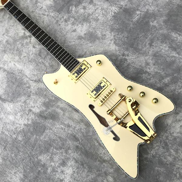 custom electric guitar with color shell pearl binding milk white f-hole vibrato system large support drop
custom electric guitar with color shell pearl binding milk white f-hole vibrato system large support drop