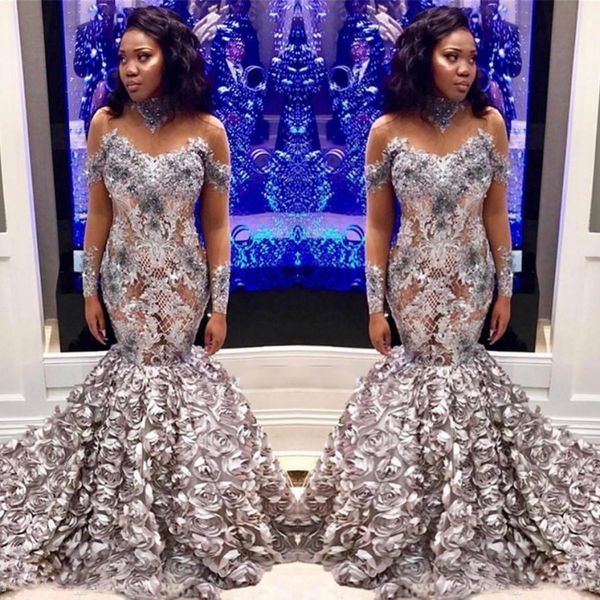 silver see through prom dresses lace appliques sheer long sleeves mermaid evening dress rose flora sweep train formal party dress, Black
silver see through prom dresses lace appliques sheer long sleeves mermaid evening dress rose flora sweep train formal party dress, Black