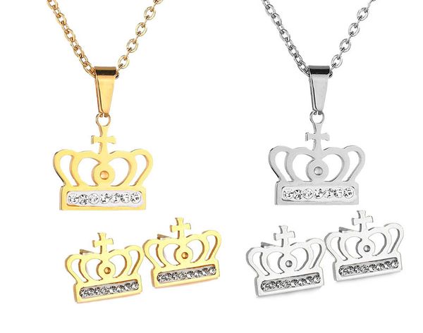 wholesale luxury crown crucifix stainless steel fashion jewelry cross set earring studs necklace pendant set lover party gifts, Silver 
wholesale luxury crown crucifix stainless steel fashion jewelry cross set earring studs necklace pendant set lover party gifts, Silver