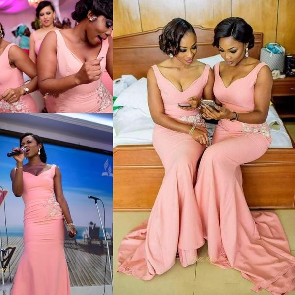 2019 new african pink mermaid bridesmaid dresses v neck appliques backless sweep train plus size wedding guest maid of honor gowns, White;pink
2019 new african pink mermaid bridesmaid dresses v neck appliques backless sweep train plus size wedding guest maid of honor gowns, White;pink