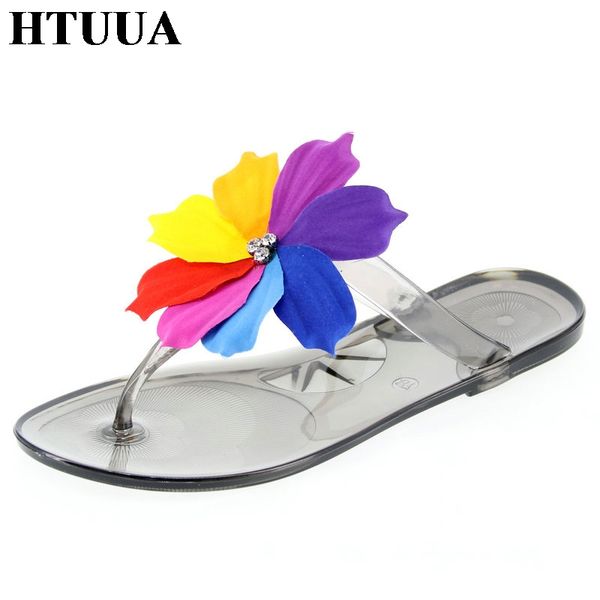 htuua newst fashion colorful flowers slippers women flat slides boho beach flip flops summer jelly shoes casual sandals sx2183, Black