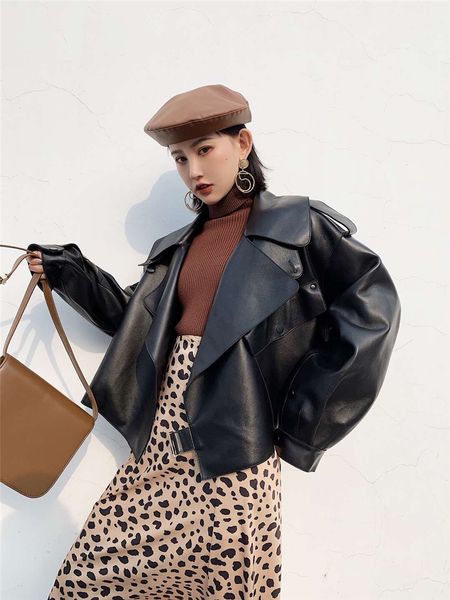2019 new autumn and winter korean version of the wild thin sheep skin loose leather short coat female, Black
2019 new autumn and winter korean version of the wild thin sheep skin loose leather short coat female, Black