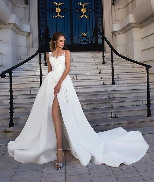 women satin a-line long lace wedding dresses with side slit custom sleeveless bridal gowns sleeveless brautkleid formal dresses, White
women satin a-line long lace wedding dresses with side slit custom sleeveless bridal gowns sleeveless brautkleid formal dresses, White