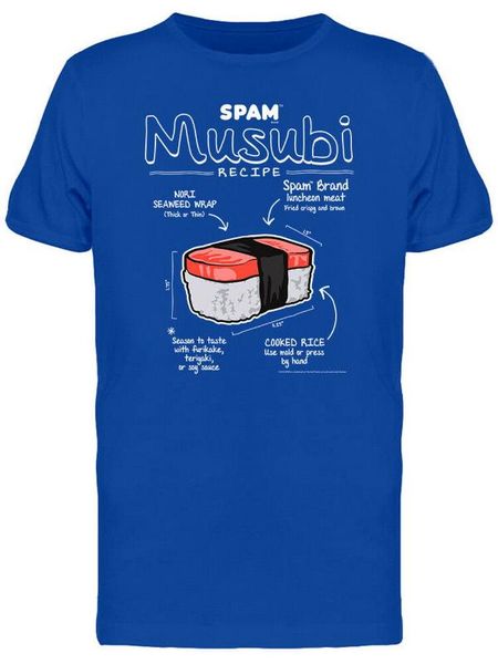 spam musubi recipe cartoon men's royal blue t-shirt cotton brand fashion tee shirt, White;black
spam musubi recipe cartoon men's royal blue t-shirt cotton brand fashion tee shirt, White;black