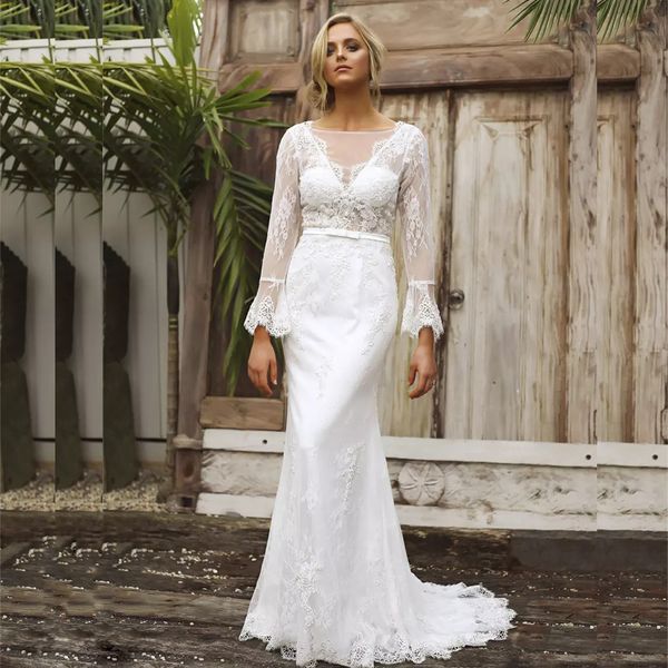 2019 mermaid lace beach wedding dresses scoop neck long sleeve backless boho bridal gowns sweep train abiti da sposa, White
2019 mermaid lace beach wedding dresses scoop neck long sleeve backless boho bridal gowns sweep train abiti da sposa, White