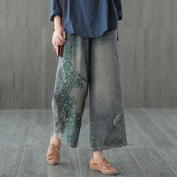 fashion embroidery floral jeans washed bleached denim pants for women pocket elastic waist wide leg pants denim ripped trouses, Blue 
fashion embroidery floral jeans washed bleached denim pants for women pocket elastic waist wide leg pants denim ripped trouses, Blue