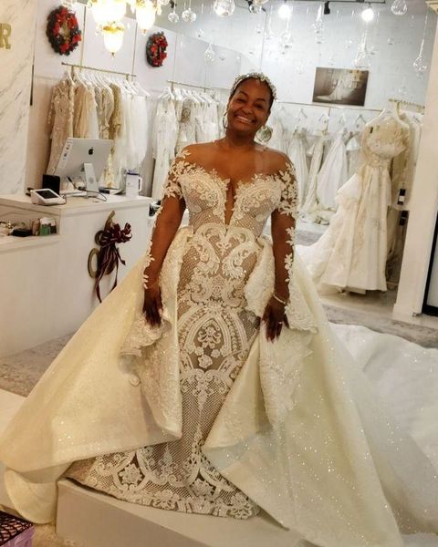 2020 gorgeous beaded mermaid wedding dresses with overskirts long sleeve sweep train wedding gowns bridal dress vestidos de novia, White
2020 gorgeous beaded mermaid wedding dresses with overskirts long sleeve sweep train wedding gowns bridal dress vestidos de novia, White