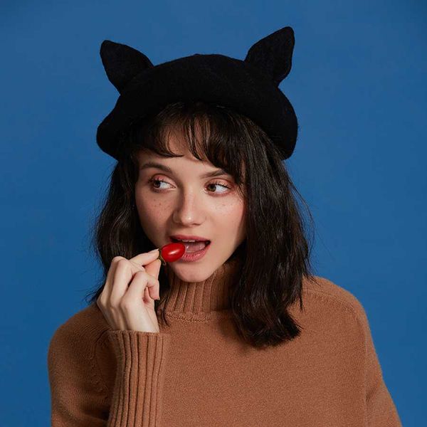 

handmade черный ручной шерсти hat уши cute cat женщины береты шерсть войлок берет рождественский подарок для девушки зима теплая берета новы, Blue;gray