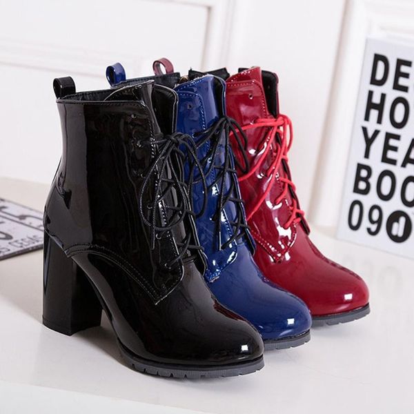 fashion women boots high heel lace up boots british style patent leather ankle winter female snow shoes large size m840#, Black
fashion women boots high heel lace up boots british style patent leather ankle winter female snow shoes large size m840#, Black