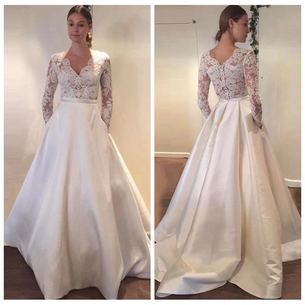 exquisite v-neck lace satin modest wedding dress a-line sweep train wedding dress with sleeves covered button bridal dresses, White
exquisite v-neck lace satin modest wedding dress a-line sweep train wedding dress with sleeves covered button bridal dresses, White