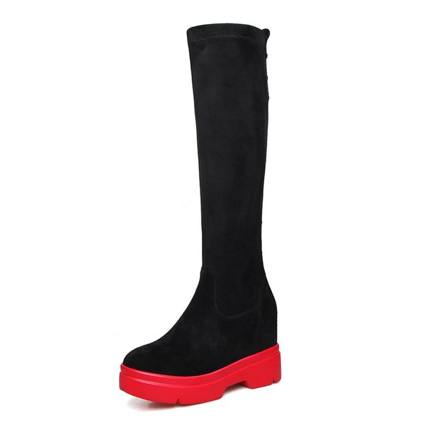 

lapolaka suede leather knee high boots women wedges platform shoes autumn winter stretch boots woman, Black