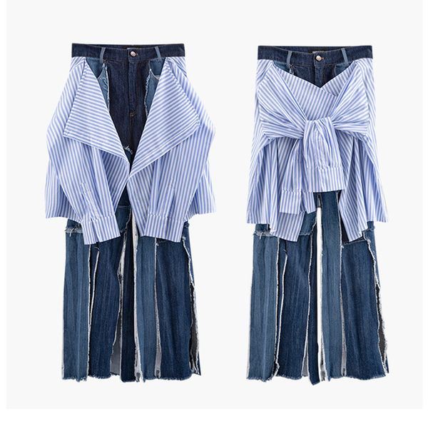 luxury designer brand skirt for women stitching contrast stripe sleeves broken side wide leg jeans, Blue
luxury designer brand skirt for women stitching contrast stripe sleeves broken side wide leg jeans, Blue