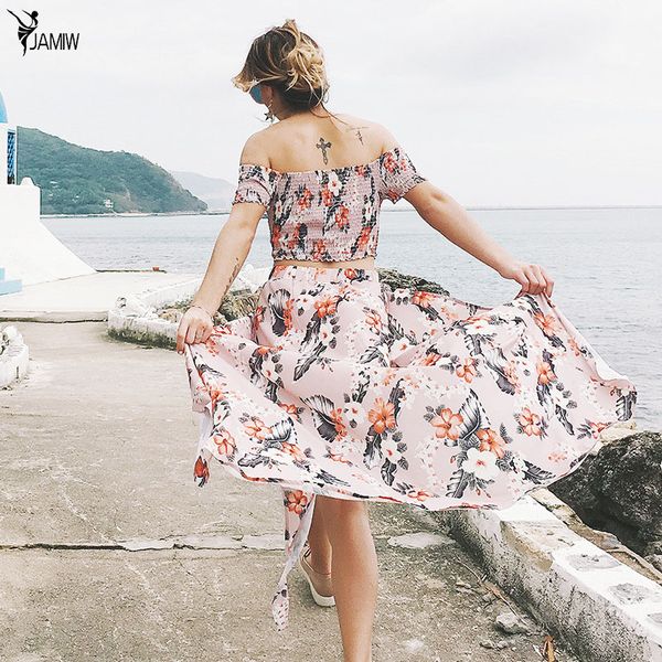print summer women tracksuit two piece set slash neck ruffles crop +split long skirts beach maxi skirts suit, White
print summer women tracksuit two piece set slash neck ruffles crop +split long skirts beach maxi skirts suit, White