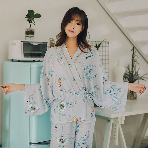flower print pajamas for women japanese woman clothes 2019 spring summer nightwear comfortable female pyjama set phoentin fg007, Blue;gray
flower print pajamas for women japanese woman clothes 2019 spring summer nightwear comfortable female pyjama set phoentin fg007, Blue;gray