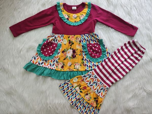 children's fancy new maroon girl winter long sleeve splicing print pocket design striped flare pants design, White
children's fancy new maroon girl winter long sleeve splicing print pocket design striped flare pants design, White
