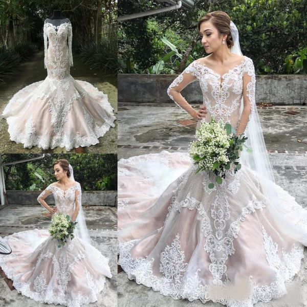 stylish mermaid lace wedding dresses with long sleeves sheer bateau neck beaded bridal gowns appliqued court train trumpet vestido de novia, White
stylish mermaid lace wedding dresses with long sleeves sheer bateau neck beaded bridal gowns appliqued court train trumpet vestido de novia, White
