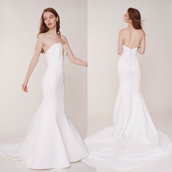simple mermaid rita vinieris wedding dresses strapless sleeveless satin sash ruched wedding gown sweep train custom robe de mariée, White
simple mermaid rita vinieris wedding dresses strapless sleeveless satin sash ruched wedding gown sweep train custom robe de mariée, White