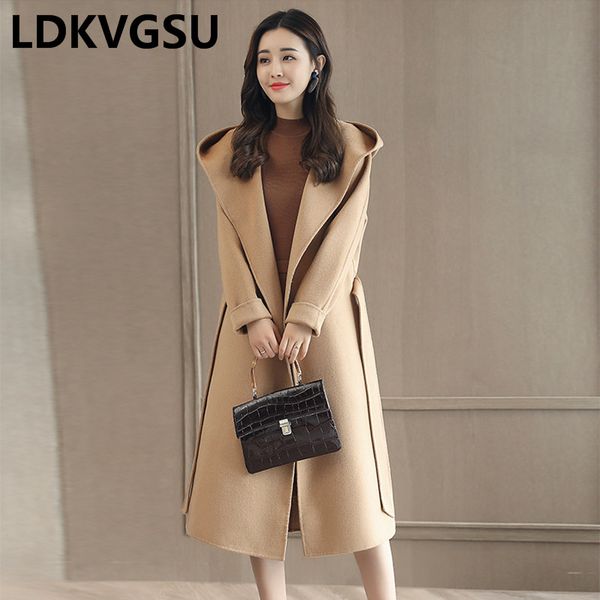 2018 fashion spring autumn new korean women woolen coat long slim hooded belt windbreaker pure color cardigan overcoat is067, Black
2018 fashion spring autumn new korean women woolen coat long slim hooded belt windbreaker pure color cardigan overcoat is067, Black