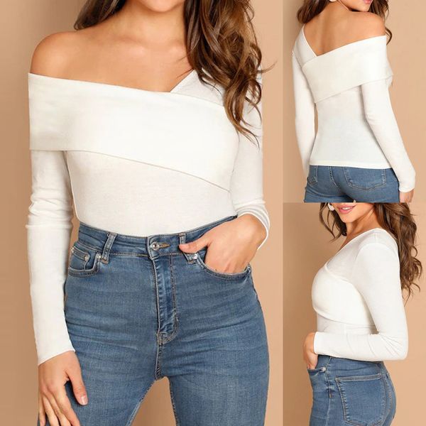 

womail fashion women s blouses shirt 2019 off shoulder foldover asymmetrical v-neck women's shirts female long sleeve blouse, White