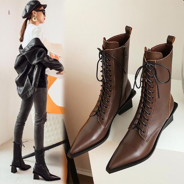new season designer woman cross-tied martin boots chunky heel genuine leather solid half boots lace-up pointed toe fashion motorcycle boot, Black
new season designer woman cross-tied martin boots chunky heel genuine leather solid half boots lace-up pointed toe fashion motorcycle boot, Black