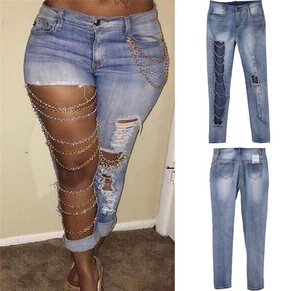 women destroyed jeans holes chain patchwork skinny bodycon jeans pants ripped boyfriend pants denim vintage straight, Blue
women destroyed jeans holes chain patchwork skinny bodycon jeans pants ripped boyfriend pants denim vintage straight, Blue