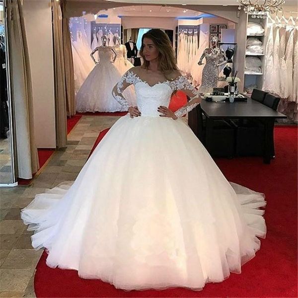 ball gown princess wedding dresses illusion long sleeve lace tulle floor length off shoulder vintage classic design bridal gowns, White
ball gown princess wedding dresses illusion long sleeve lace tulle floor length off shoulder vintage classic design bridal gowns, White