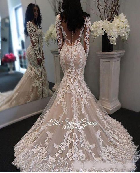 new illusion long sleeves lace mermaid wedding dresses tulle applique court princess wedding bridal gowns with buttons, White
new illusion long sleeves lace mermaid wedding dresses tulle applique court princess wedding bridal gowns with buttons, White