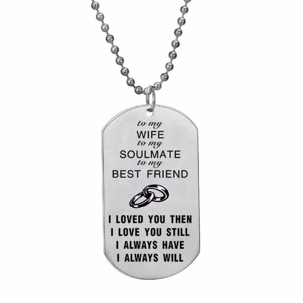 pendant necklaces 12pc/lot charm stainless steel dog tag to my wife soulmate friend chain necklace for couple girlfriend gift jewelry, Silver
pendant necklaces 12pc/lot charm stainless steel dog tag to my wife soulmate friend chain necklace for couple girlfriend gift jewelry, Silver