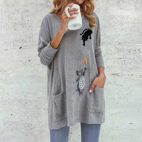 women cartoon cat print pockets blouse cute long sleeve o-neck loose blouse solid color attractive knit, White
women cartoon cat print pockets blouse cute long sleeve o-neck loose blouse solid color attractive knit, White