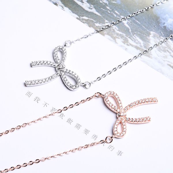 

korean female bowknot zircon clavicle chain necklace s925 sterling silver inlaid zircon necklace for women party jewelry kolye