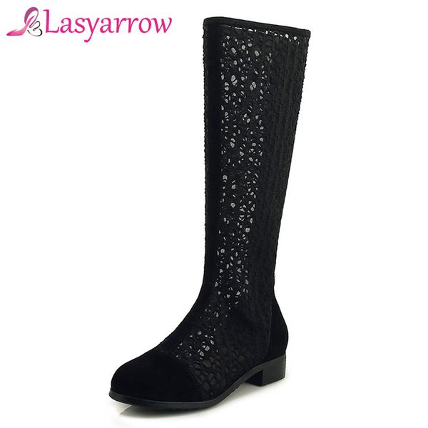

lasyarrow 2019 mid calf boots women round toe shoes zipper hollow out low heel summer booties zapatos mujer solid black j538