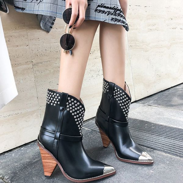 wetkiss studded genuine leather punk boots women rivet metal pointed toe ankle boots femme wood spike heels high western shoes, Black
wetkiss studded genuine leather punk boots women rivet metal pointed toe ankle boots femme wood spike heels high western shoes, Black