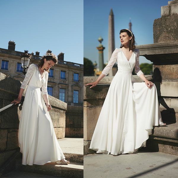 cymarine a line wedding dresses v neck 3/4 long sleeve appliques chiffon wedding dress floor length robes de mariée, White
cymarine a line wedding dresses v neck 3/4 long sleeve appliques chiffon wedding dress floor length robes de mariée, White