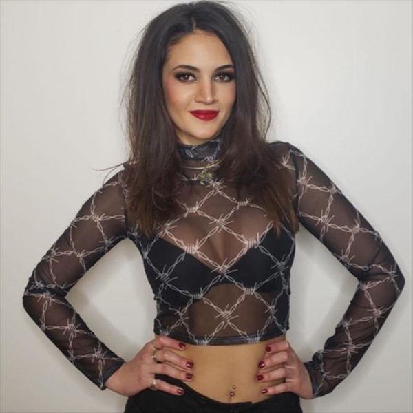 2019 transparent high collar long sleeve t-shirt mesh thorn printing perspective black t-shirt, White
2019 transparent high collar long sleeve t-shirt mesh thorn printing perspective black t-shirt, White