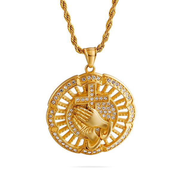 hip hop full rhinestone inlay praying hands cross pendants necklace 316l stainless steel 18k gold plated christian jewelry, Silver
hip hop full rhinestone inlay praying hands cross pendants necklace 316l stainless steel 18k gold plated christian jewelry, Silver
