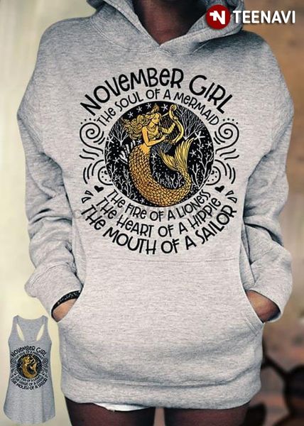 november girl the soul of a mermaid the fire of a lioness heart hippie mouth sailor t-shirt, White;black
november girl the soul of a mermaid the fire of a lioness heart hippie mouth sailor t-shirt, White;black