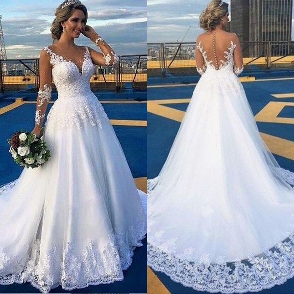 modern a line wedding dress scoop neck tulle court train long sleeves bridal gown with appliques, White
modern a line wedding dress scoop neck tulle court train long sleeves bridal gown with appliques, White