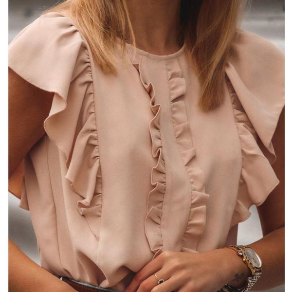 women's blouses & shirts summer women o neck ruffle blouse elegant office lady back metal buttons casual short sleeve blusa, White
women's blouses & shirts summer women o neck ruffle blouse elegant office lady back metal buttons casual short sleeve blusa, White