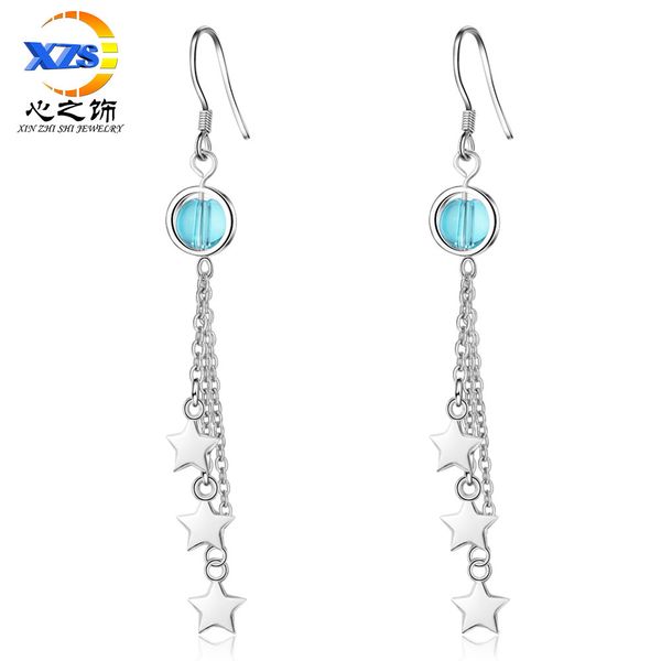 star earrings womens five-pointed star long blue artificial crystal design niche cold wind drop earrings, Golden
