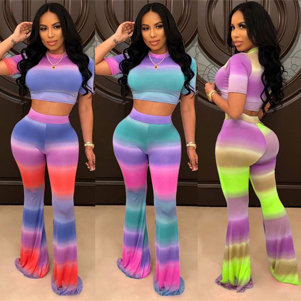 women designer tie-dye gradient printing short sleeve t shirt crop slim flared pants brand two piece outfits luxury suit cz528, Gray
women designer tie-dye gradient printing short sleeve t shirt crop slim flared pants brand two piece outfits luxury suit cz528, Gray