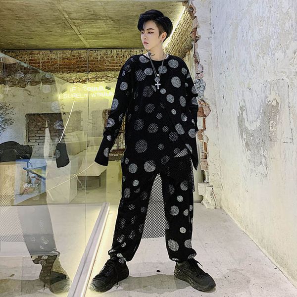 men 2 piece sets (tshirt+pant) male streetwear punk gothic hip hop tee shirt polka dot splice mesh long sleeve t shirt trouser, White;black
men 2 piece sets (tshirt+pant) male streetwear punk gothic hip hop tee shirt polka dot splice mesh long sleeve t shirt trouser, White;black