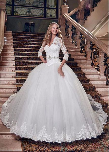 lace ball gown flowers vintage 3/4 sleeves wedding gown bridal dress v neck spring wedding dresses with lace up bridal gowns arabic, White
lace ball gown flowers vintage 3/4 sleeves wedding gown bridal dress v neck spring wedding dresses with lace up bridal gowns arabic, White